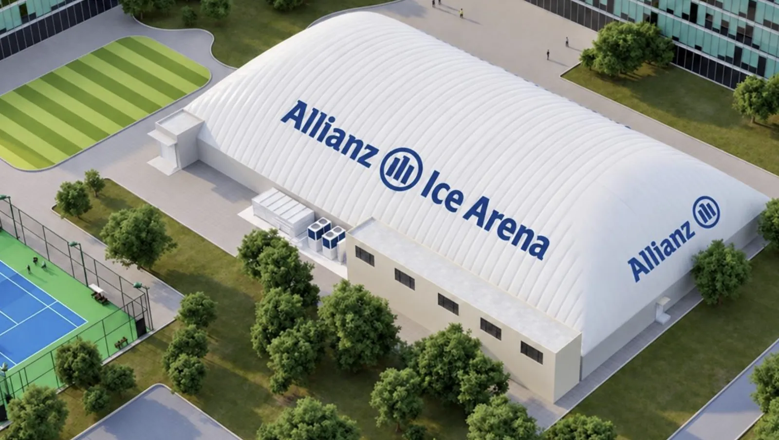 Allianz Ice Arena seen from above: a white dome with the Allianz Ice Arena name on it